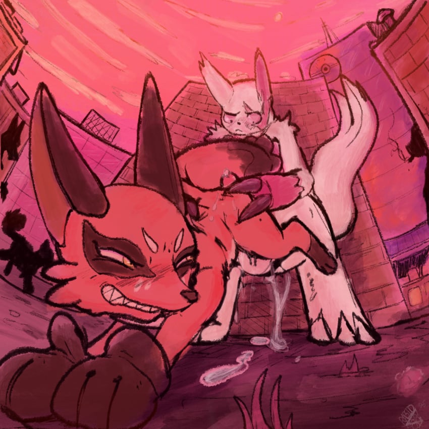 ambiguous_gender anthro anthro_on_feral blush blush_lines bodily_fluids cum duo feral foxvomitarts generation_3_pokemon generation_8_pokemon genital_fluids genitals hi_res male male/male male_only nickit nintendo penis pokemon pokemon_(species) precum rabidfoxarts zangoose zoophilia