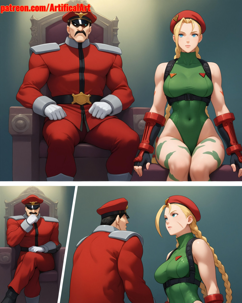 1boy 1girls ai_generated artifical_art athletic beret big_ass blonde_hair blue_eyes cammy_white female long_hair m_bison male perfect_body street_fighter