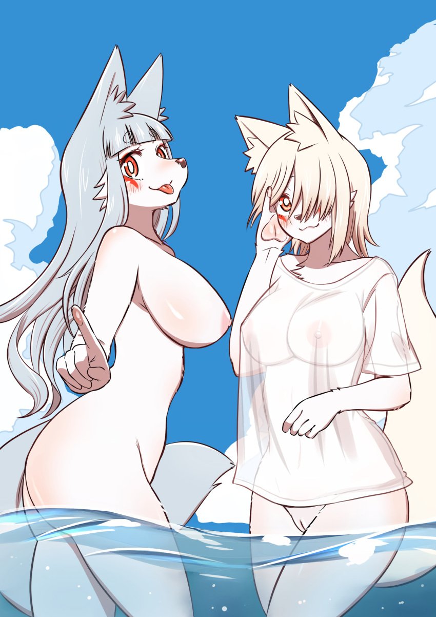 :3 anonymous_artist anthro ass blush breasts canid canine cloud duo edit facial_markings female fox fur furry genitals gesture grey_hair head_markings high_school_inari_tamamo-chan! highres hime_cut kemono large_breasts long_hair looking_at_viewer mammal markings mehajiki nipples nude osaki_fushimi outdoors partially_submerged pawpads pointing pussy red_eyes red_markings sea shirt side_mouth side_view sky smile t-shirt tamamo_fushimi tongue tongue_out topwear translucent translucent_clothing translucent_topwear water wet wet_clothing wet_shirt wet_topwear white_fur white_hair yuuki_ray