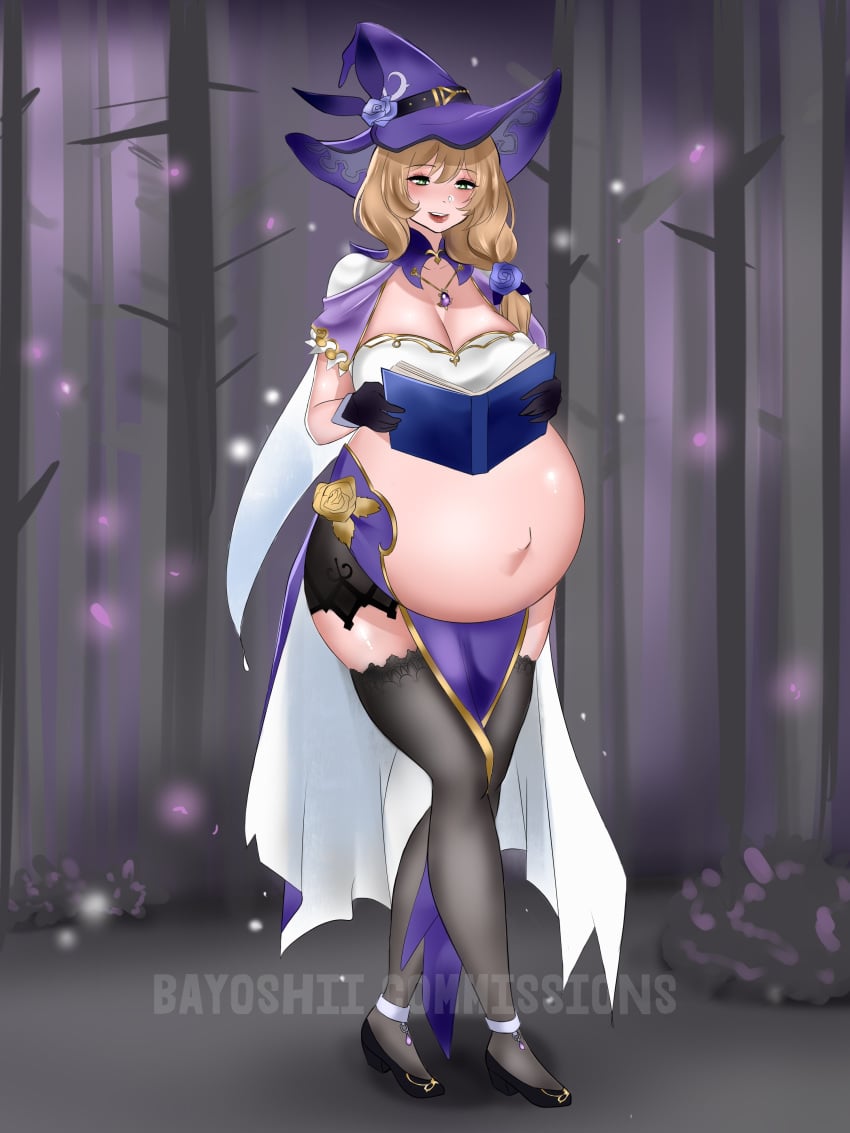 1girls absurdres bayoshii big_breasts breasts cleavage female female_only genshin_impact hat highres huge_belly large_breasts light-skinned_female lisa_(genshin_impact) mature_female pregnant ready_to_pop solo witch witch_hat