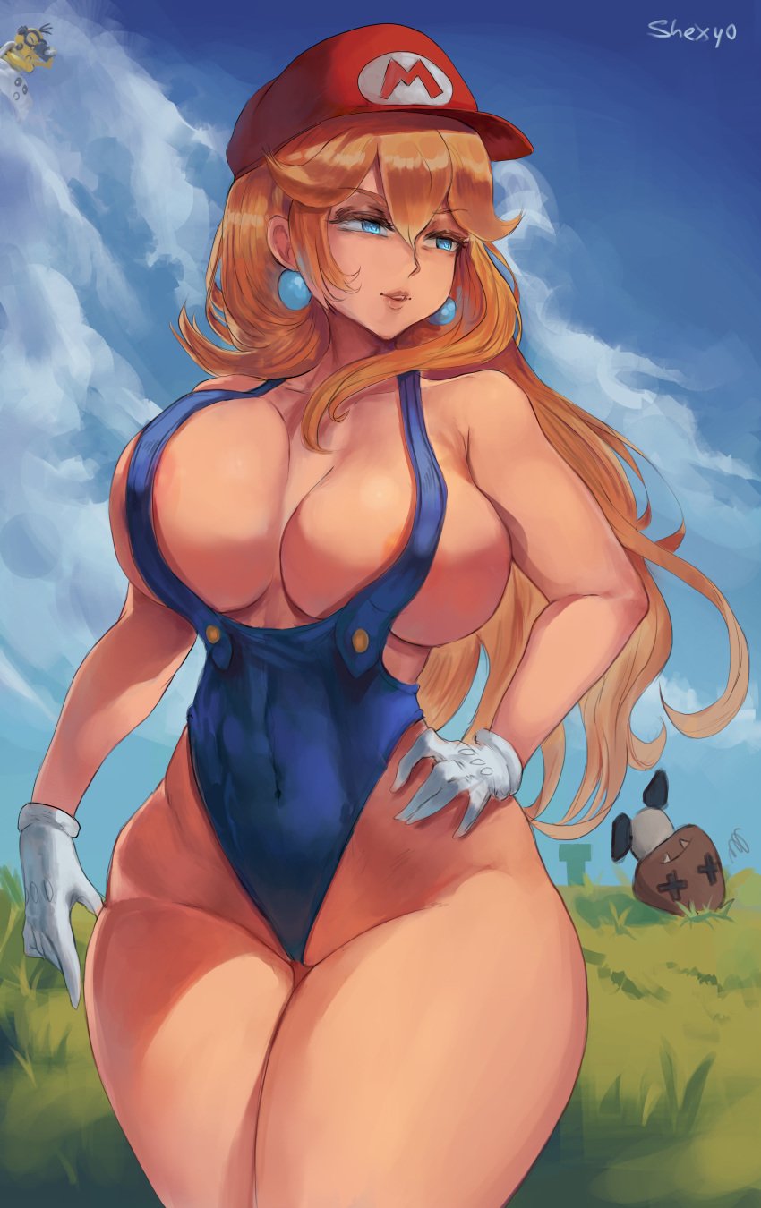 1girls absurd_res areola_slip areolae bangs bare_shoulders blonde_hair blue_eyes blue_sky breasts cloud curvaceous cutesexyrobutts_(style) earrings female gloves goomba grass hair_between_eyes hand_on_hip hat hi_res high_resolution jewelry large_breasts long_hair looking_to_the_side mario_(series) nintendo overalls parted_lips peaked_cap plumber princess_peach red_headwear shexyo sidelocks sky solo standing super_mario_bros. thick_thighs thighs very_high_resolution white_gloves wide_hips