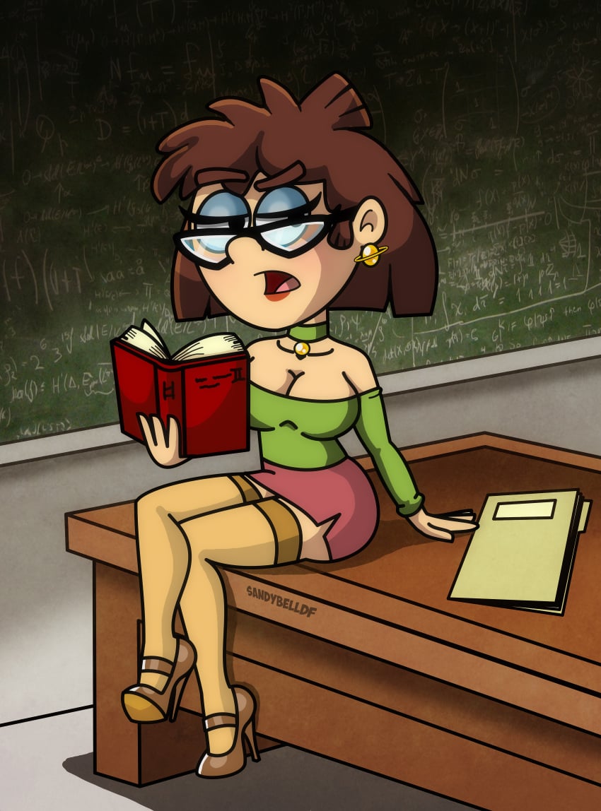 age_difference book brown_hair cleavage earrings eyeshadow glasses high_heels lisa_loud necklace sandybelldf short_hair sitting stockings straight_hair teacher the_loud_house thighhighs