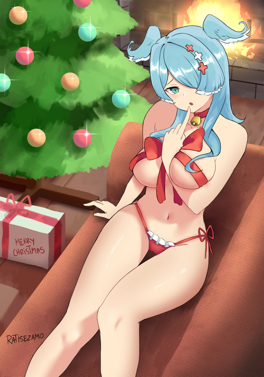 arm_between_breasts bell_collar blue_hair breasts christmas christmas_outfit christmas_tree collar couch dragon_girl elira_pendora fireplace gift hair_over_one_eye head_wings navel nijisanji nijisanji_en open_mouth panties ratisezamo red_panties ribbon sitting sofa thigh_gap virtual_youtuber