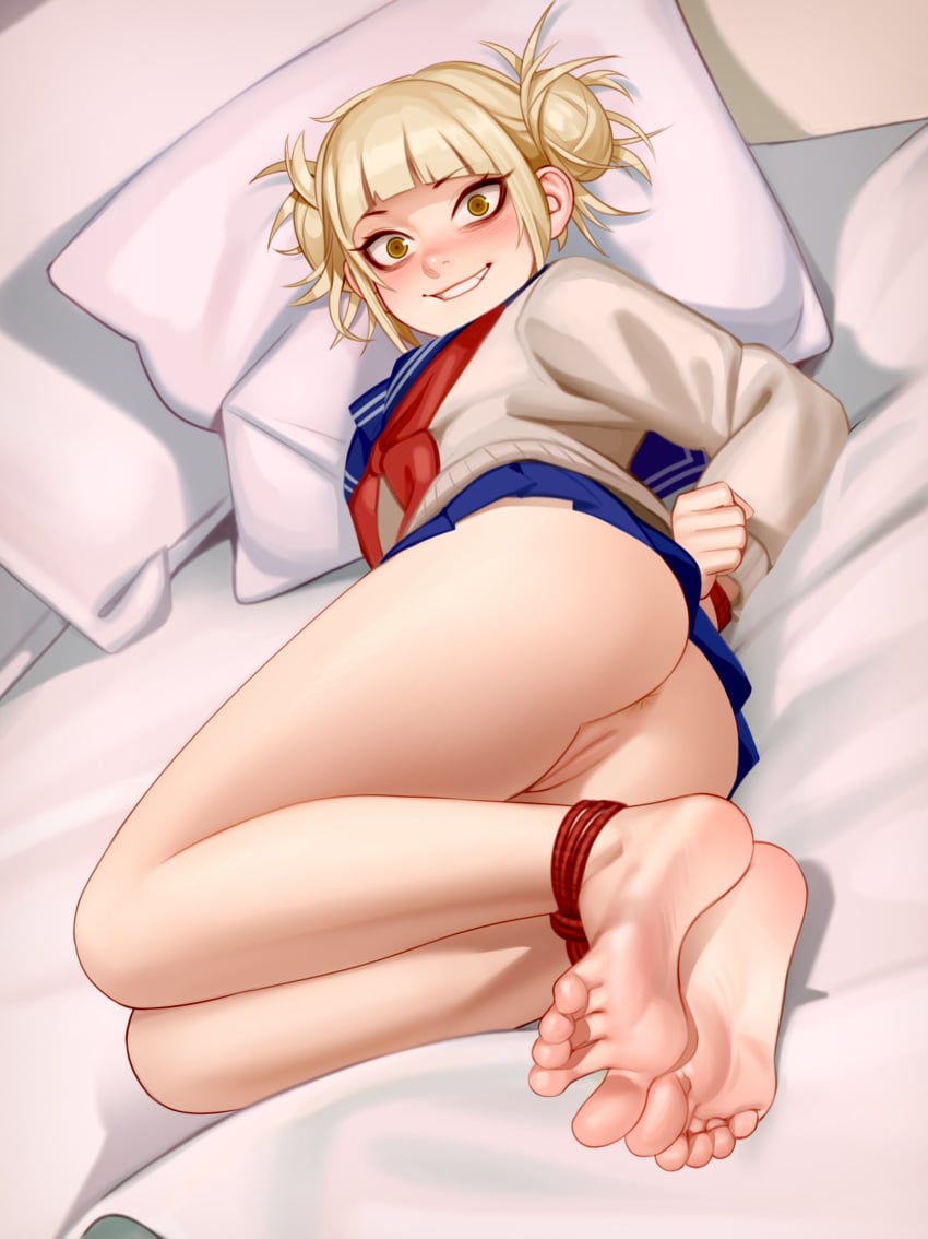 1girls 2d anus arms_behind_back ass barefoot blush bondage crazy_eyes feet female female_only foot_fetish himiko_toga jpeg kairuhentai kairunoburogu light-skinned_female light_skin looking_at_viewer looking_back my_hero_academia no_panties nsfw on_side pale-skinned_female pale_skin pussy restrained rope rope_bondage school_uniform skirt smile soles solo tied_up toes uncensored yandere