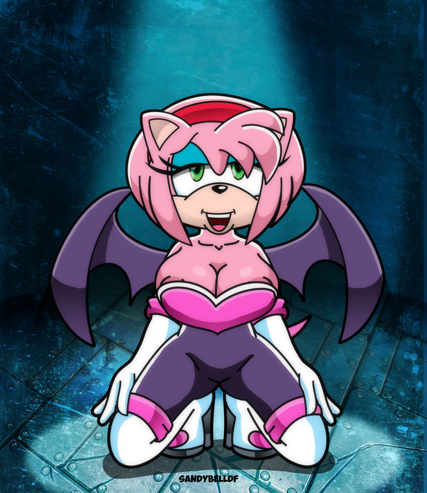 ahoge amy_rose amy_the_bat cleavage cosplay eyeshadow female gloves green_eyes hairband high_heels looking_at_viewer looking_pleasured rouge_the_bat_(cosplay) sandybelldf sitting smile sonic_(series) wings