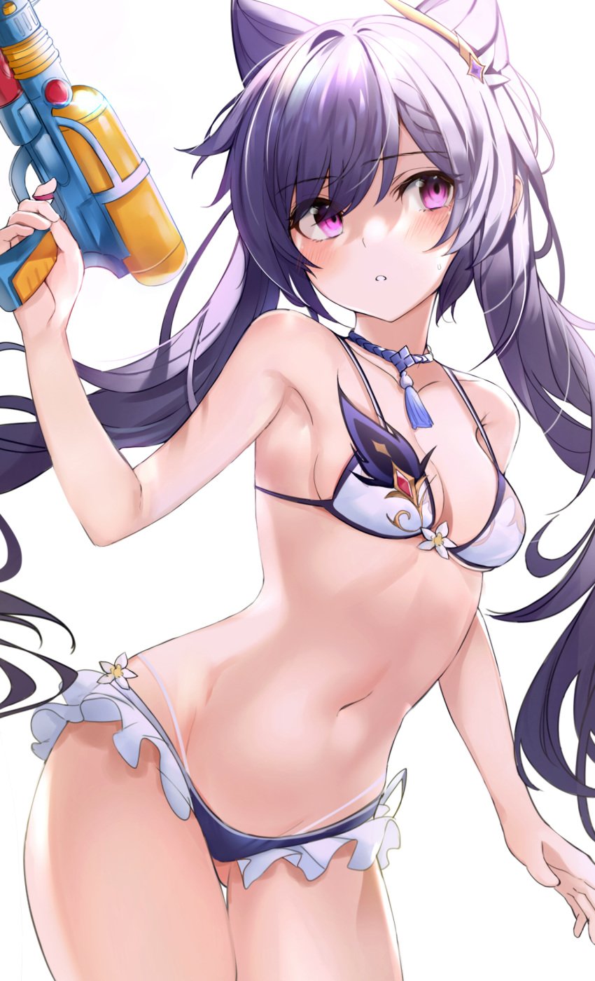 bikini collar genshin_impact keqing_(genshin_impact) magenta_eyes purple_hair twintails watergun yanggang