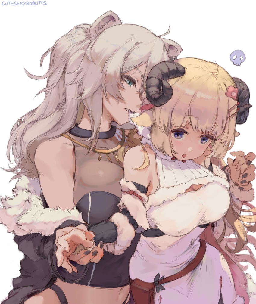 2girls absurd_res animal_ear_fluff animal_ears artist_name biting blonde_hair blush cat_ears cleavage cutesexyrobutts dress erect_nipples fangs female female_only fur_trim grey_eyes grey_hair hi_res high_resolution holoforce hololive hololive_gen_5 hololive_japan horns kemonomimi lion_ears lion_girl midriff multiple_girls nipples panties shishiro_botan simple_background surprised tsunomaki_watame underwear very_high_resolution virtual_youtuber white_background youtube youtuber yuri