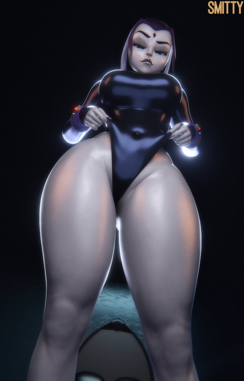 1girls 3d below_view breasts clothing dc dc_comics female leotard looking_at_viewer low-angle_view raven_(dc) smitty34 solo thick_thighs thighs