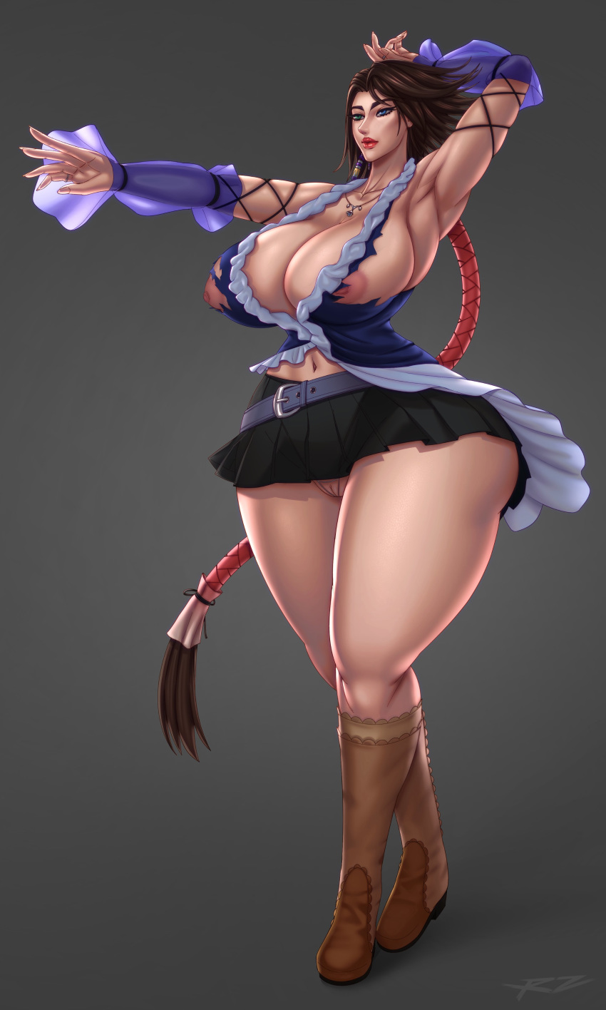 1girls absurdres areolae armpits big_breasts breasts cleavage female female_only final_fantasy final_fantasy_x final_fantasy_x-2 highres large_breasts nipples panties raidouzero solo thick_thighs torn_clothes wide_hips yuna