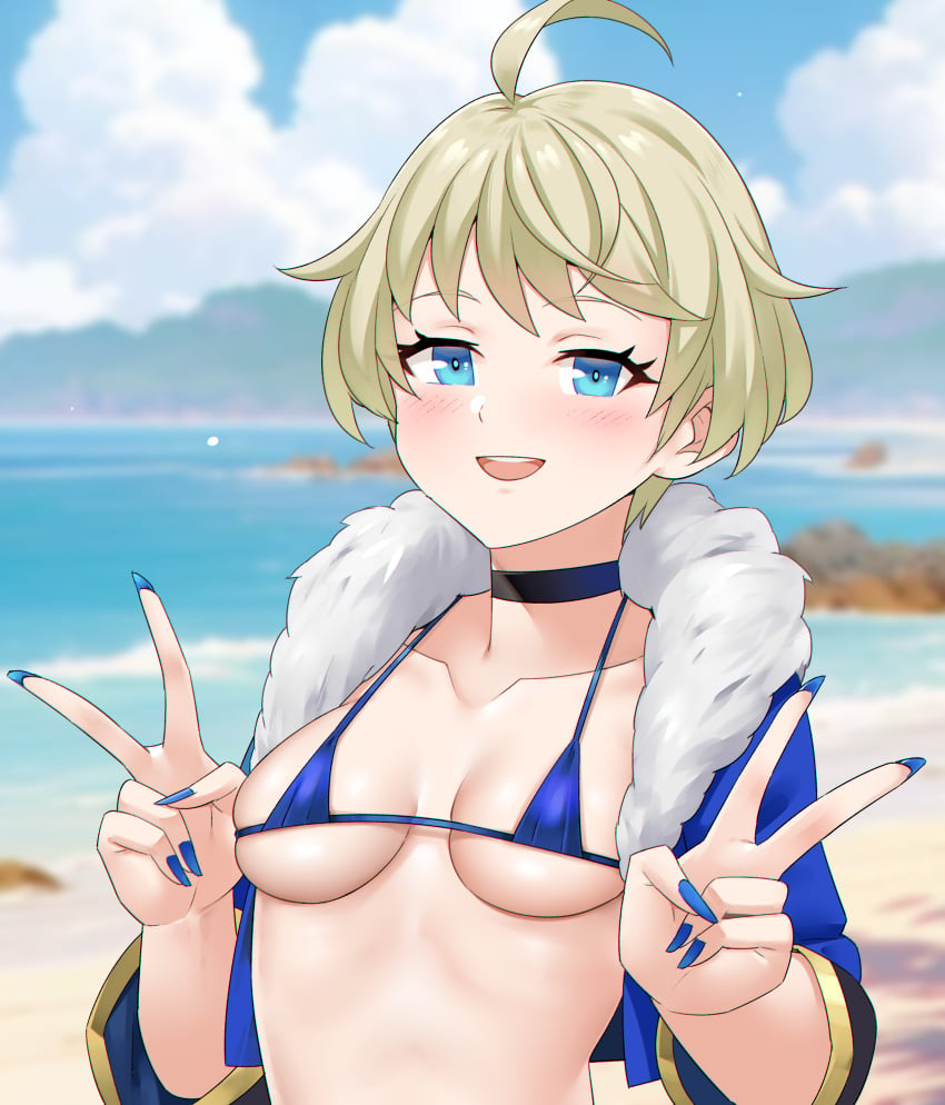 1girls absurdres ahoge beach bikini black_choker blonde_hair blue_eyes blue_nails breasts choker cleavage cloud cloudy_sky commission double_v female female_only fingernails fire_emblem fire_emblem_engage fur_trim highres igni_tion long_fingernails looking_at_viewer merrin_(fire_emblem) micro_bikini nail_polish nintendo non-web_source ocean open_mouth painted_fingernails painted_nails revealing_clothes short_hair skimpy_clothes sky small_breasts smile solo swimsuit upper_body v