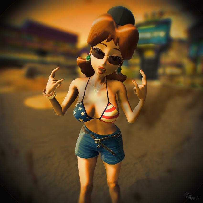 1girls 3d american_flag american_flag_bikini big_breasts bikini bikini_top bikini_top_only blue_eyes brown_hair busty cleavage cosplay denim_shorts female female_only grand_theft_auto hi_res mario_(series) mud_girl_(gta_vi) navel nintendo open_mouth princess princess_daisy red_lipstick short_hair smile solo sunglasses swimsuit tinted_eyewear tongue_out virtualblueam2 voluptuous