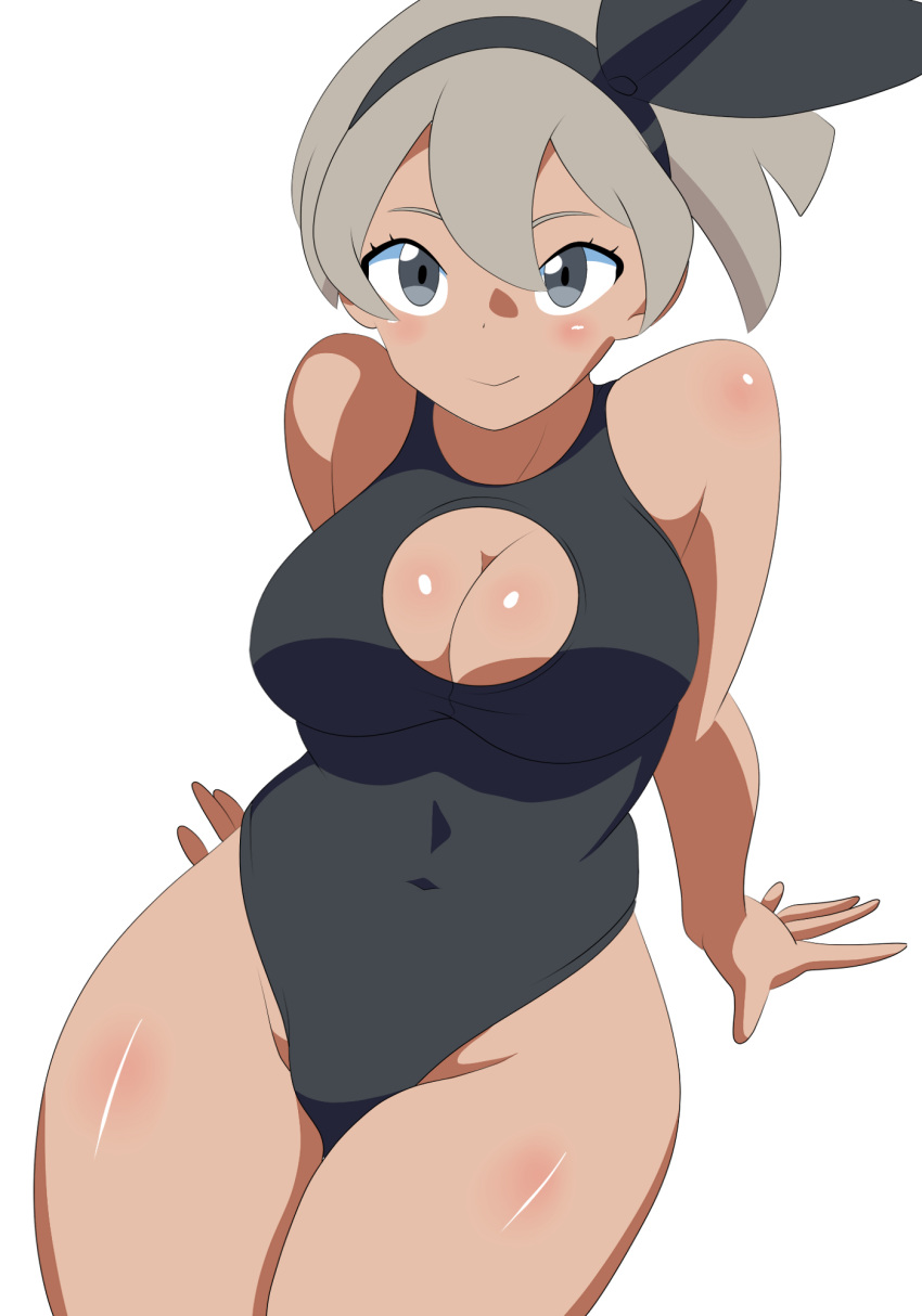 1girls alternate_hairstyle bea_(pokemon) big_breasts breasts chelsea_cola cleavage_cutout eye_contact female grey_eyes grey_hair hair_ribbon looking_at_viewer nintendo one-piece_swimsuit pokemon pokemon_ss ponytail short_hair simple_background swimsuit thick_thighs thighs white_background wide_hips