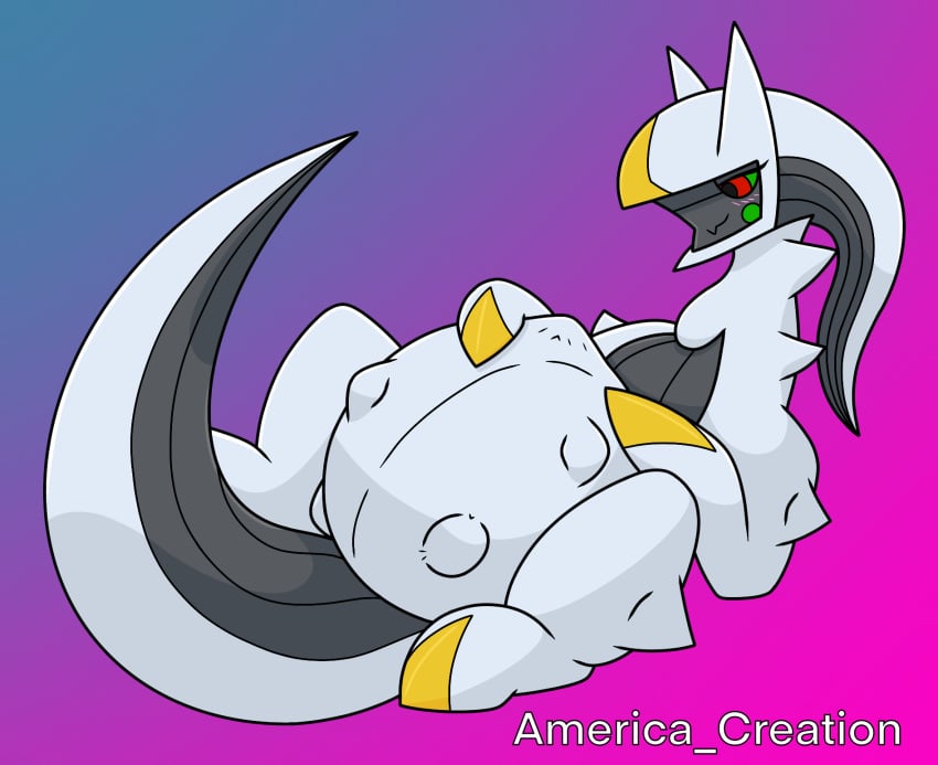 arceus arceus_tummy belly belly_rub big_belly blush english_text female feral furry generation_4_pokemon hi_res legendary_pokemon nintendo pokemon pokemon_(species) pregnant pregnant_female quadruped simple_background solo tail text