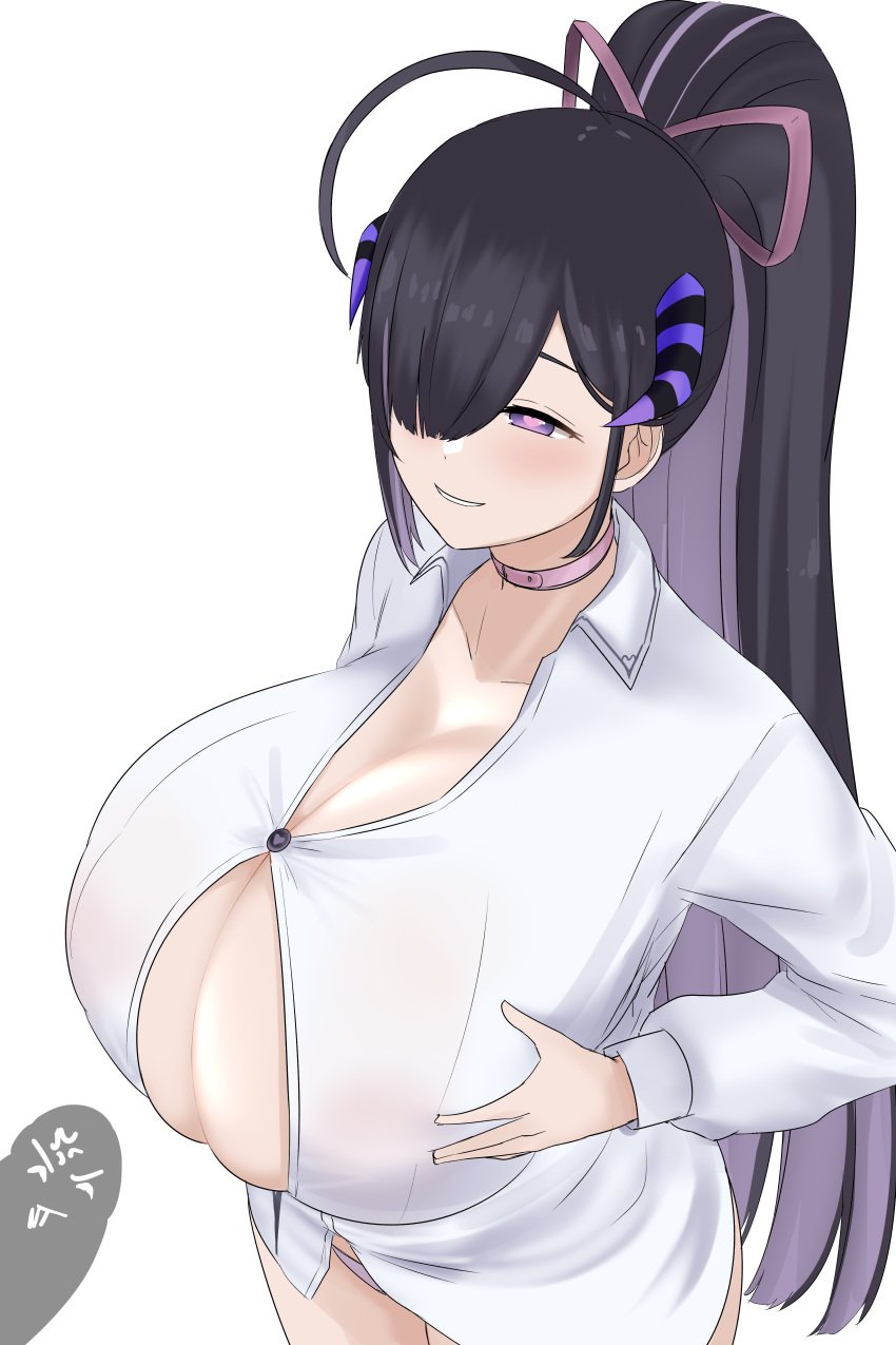 1boy 1girls areolae black_hair blush breasts dark-skinned_male dark_skin dullahan heart-shaped_pupils horns huge_breasts imminent_paizuri imminent_sex indie_virtual_youtuber light-skinned_female light_skin monster_girl nao_(ritsancrossover) nipples nose_blush paizuri penis perpendicular_paizuri purple_eyes purple_hair symbol-shaped_pupils virtual_youtuber yura_rikudou