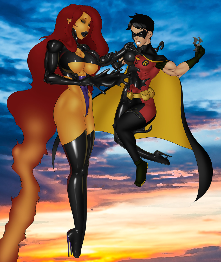 black_lipstick breasts corruption dc dc_comics dick_grayson drone female femdom feminization femsub gender_transformation goo_transformation latex latex_transformation male malesub mtf_transformation orange_hair robin_(dc) robin_(dick_grayson) skottichan slime starfire teen_titans transformationnnamdi young_justice