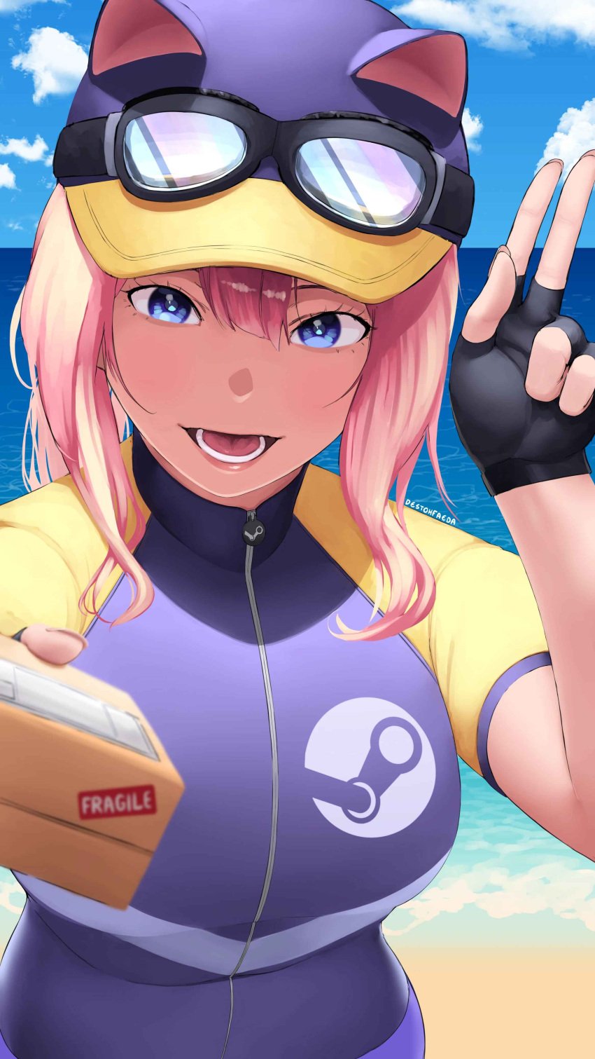 1girls blue_eyes cap clothed clothed_female female fingerless_gloves fully_clothed fully_clothed_female looking_at_viewer pink_hair steam steam_(software) steam_delivery_girl valve_(company)