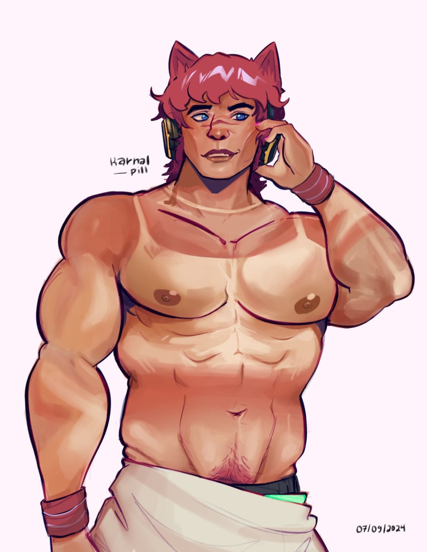 bara belly_button big_chest big_muscles big_nipples blue_eyes furry_ears gay happy_trail headphones heartsteel_series heartsteel_sett karnalpill league_of_legends league_of_legends:_wild_rift manly pink_nails red_hair scar scar_on_face sett shirtless smiling sun_burn vulva vulva_line wristband yaoi