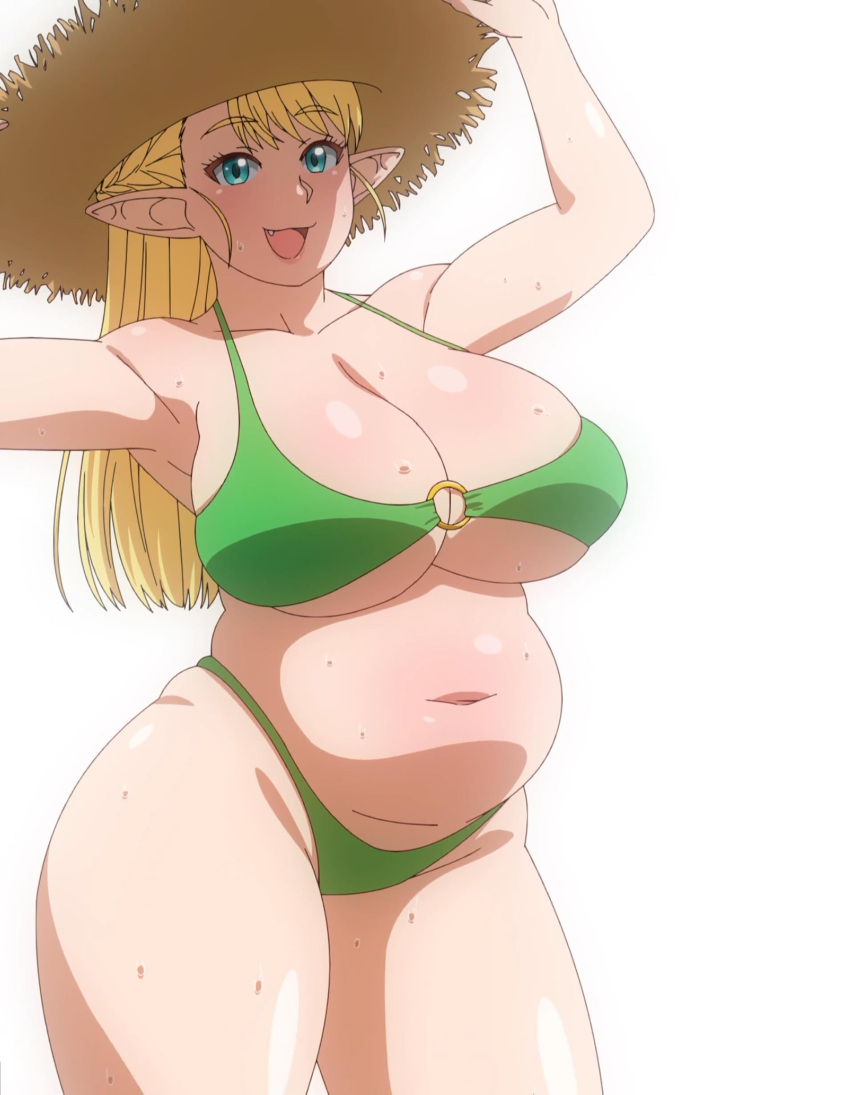 armpits arms_up bbw belly big_breasts bikini blonde_hair chubby elf-san_wa_yaserarenai elfuda green_bikini wet white_background