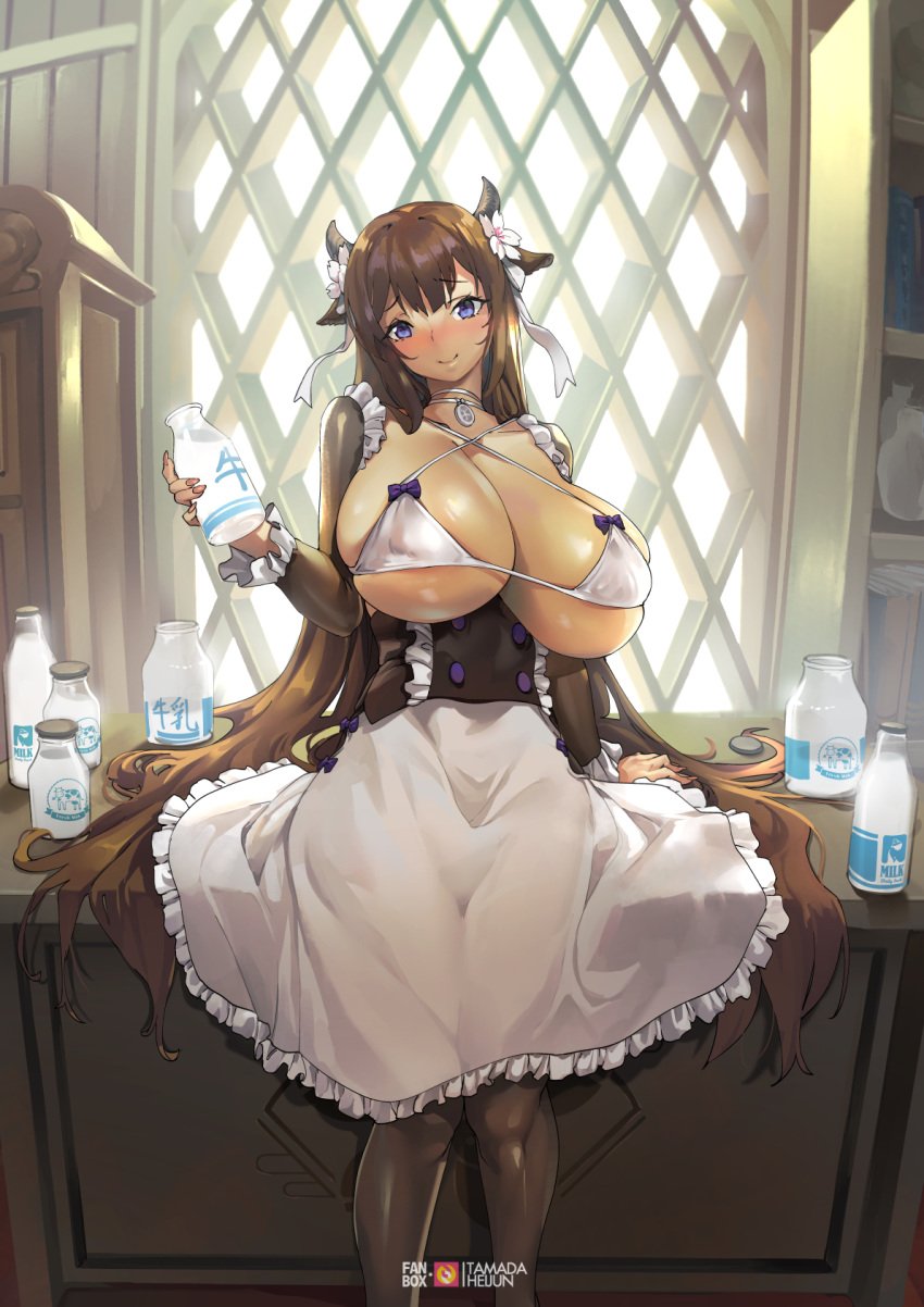 1girls azur_lane big_breasts black_stockings blue_eyes blush brown_hair brunette cattle_humanoid choker cow_ears cow_horns cow_humanoid eyebrows_raised female female_only flower_in_hair holding_bottle horns huge_breasts kashino_(azur_lane) light-skinned_female light_skin long_hair maid_uniform milk milk_bottle sakura_empire_(azur_lane) smile smiling stockings tamada_heijun