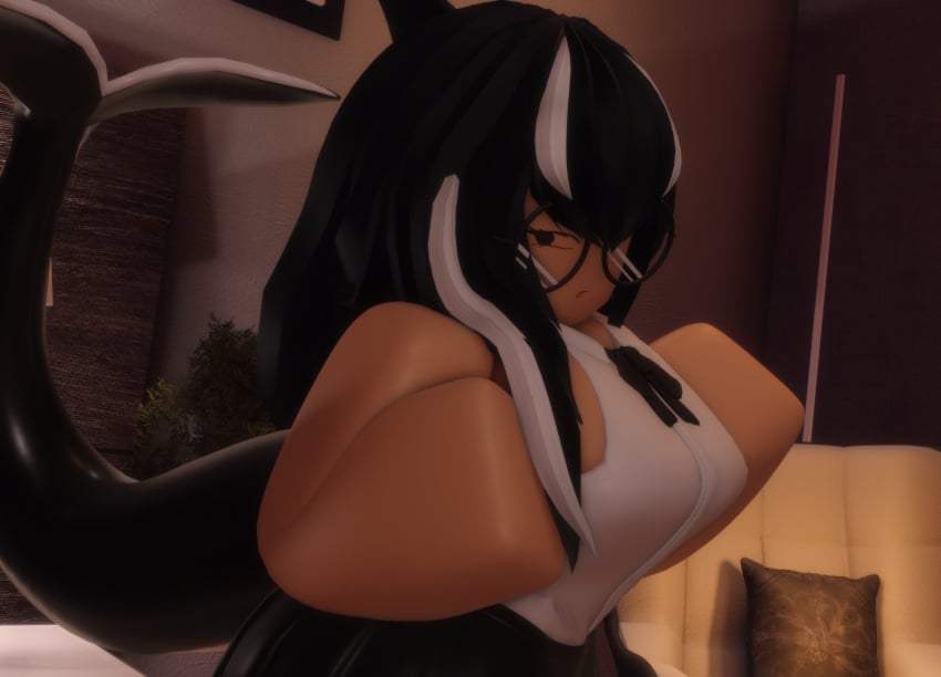 1girls 3d 3d_(artwork) big_breasts black_and_white_hair bowtie breasts clothed female female_focus female_only glasses hand_on_breast looking_at_viewer niki_okarin orca orca_girl orca_tail roblox roblox_avatar robloxian skirt sleeveless_shirt solo solo_female standing