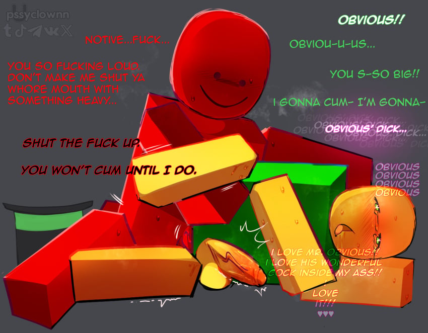 anal anal_sex blocky blocky_body cum dirty_talk gay gay_sex mind_break mind_breaking misterobvious mr_obvious notive_(youtuber) precum precum_drip predator pssyclownn roblox roblox_game robloxian