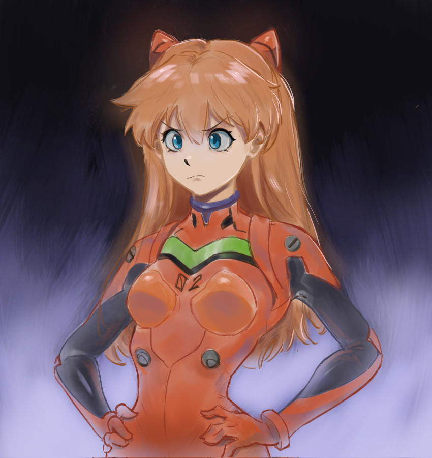 1girls asuka_langley_sohryu blue_eyes bodysuit breasts brown_hair curvy female female_only hands_on_hips highres long_hair medium_breasts neon_genesis_evangelion plugsuit pose posing slim_waist solo twintails