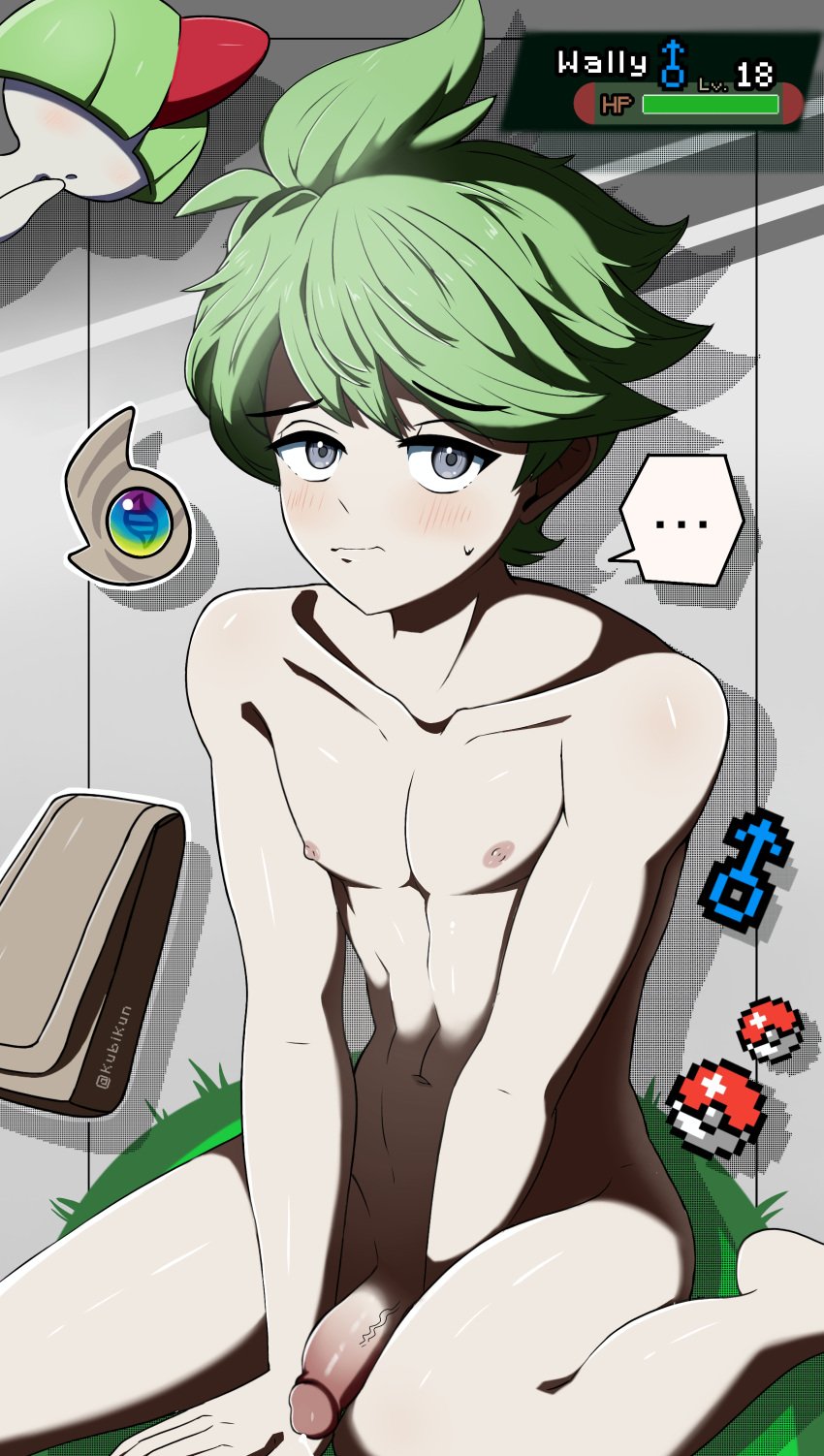 blush game_freak green_hair kubikun looking_at_viewer male_only nintendo pokemon pokemon_oras ralts solo_male uncensored wally_(pokemon) white_skin young