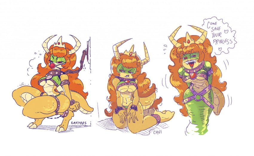 cavitees clothed_exposure corruption crown femsub furry horns jewelry koopa long_hair long_tongue mario_(series) nintendo open_mouth orange_hair princess princess_peach super_mario_bros. tongue tongue_out underboob white_background