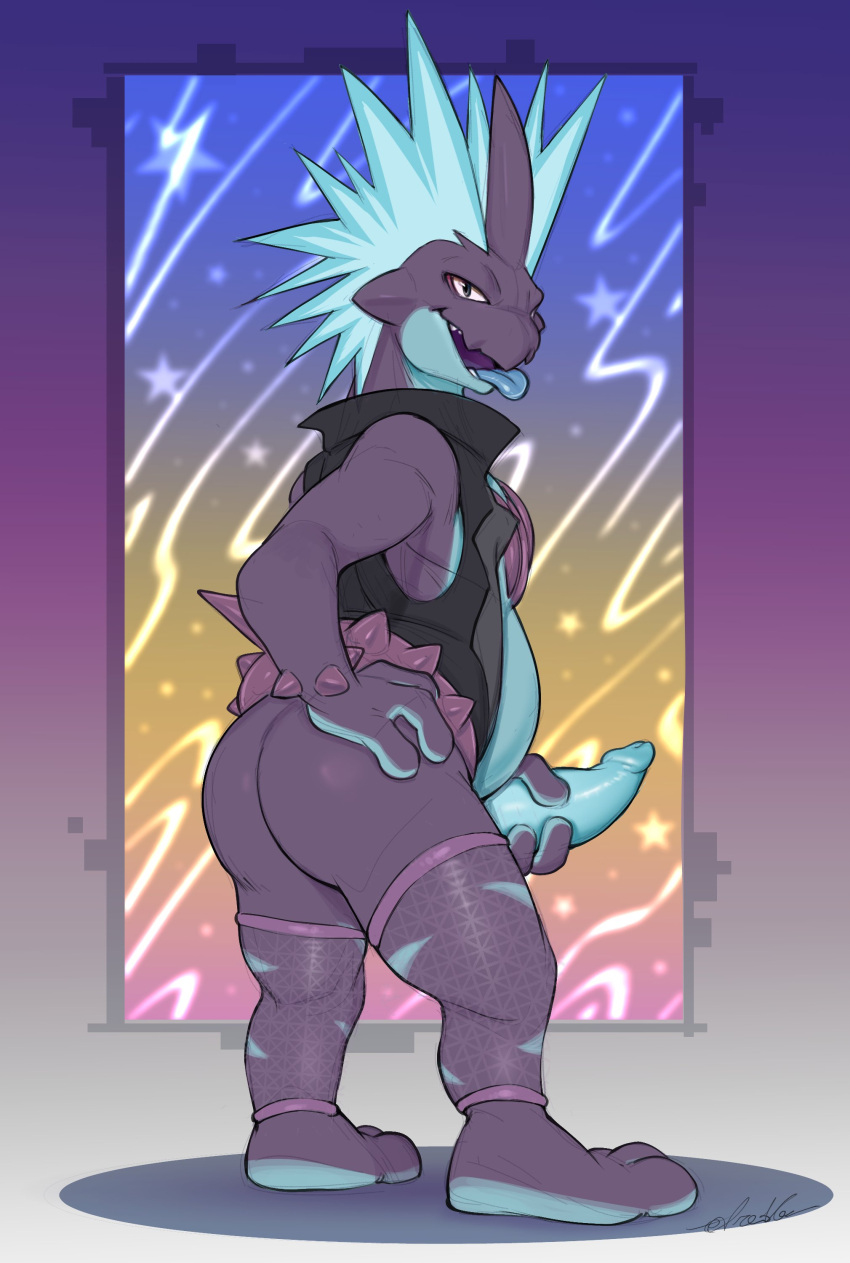 absurd_res anthro blue_body bottomwear clothed clothing dreiker fishnet_clothing fishnet_legwear generation_8_pokemon genitals hair hand_on_hip hand_on_penis hi_res legwear low_key_toxtricity luke_(luuklookyt) lying male mostly_nude multicolored_body nintendo partially_clothed penis pokemon pokemon_(species) pose pseudo_hair purple_body solo standing striped_legs stripes tongue tongue_out topwear toxtricity vest