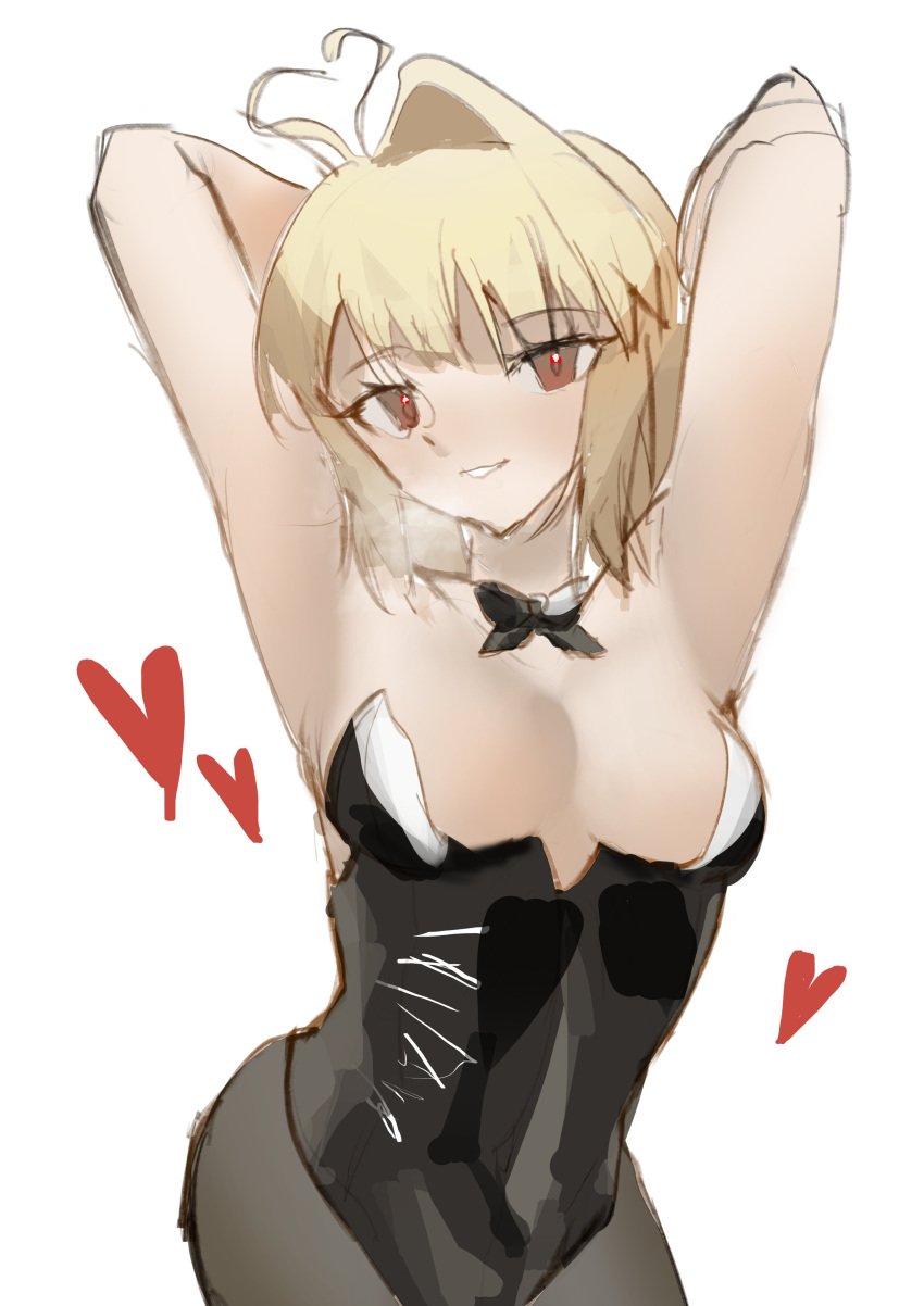 ahoge arcueid_brunestud big_breasts blonde_hair blush breasts bunny_suit bunnysuit cleavage cuffs hands_behind_head heart-shaped_pupils large_boobs large_breasts pantyhose plump posing sakakisoo short_hair thick_thighs tsukihime vampire vampire_girl