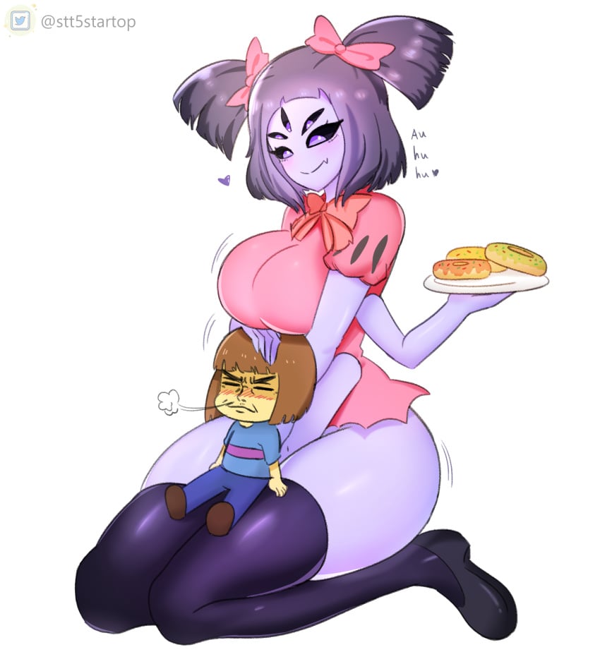 5_eyes 6_arms bare_thighs big_ass bob_cut bottomless breasts cleavage cuddling dounut female female_only frisk frisk_(undertale) heart larger_female mammal muffet purple_hair purple_skin smaller_male solo solo_female spider spider_girl startop thick_thighs twintails undertale watermark