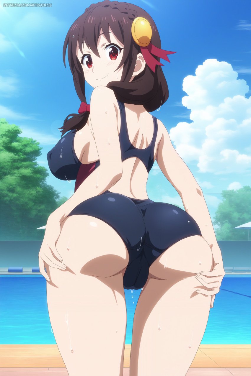 1female 1girls ai_assisted ai_generated artkoikoi ass big_breasts breasts commentary_request english female female_only hi_res highres koikoi kono_subarashii_sekai_ni_shukufuku_wo! light-skinned_female light_skin outdoors outside solo solo_female spread_ass swimsuit very_high_resolution wet yunyun_(konosuba)