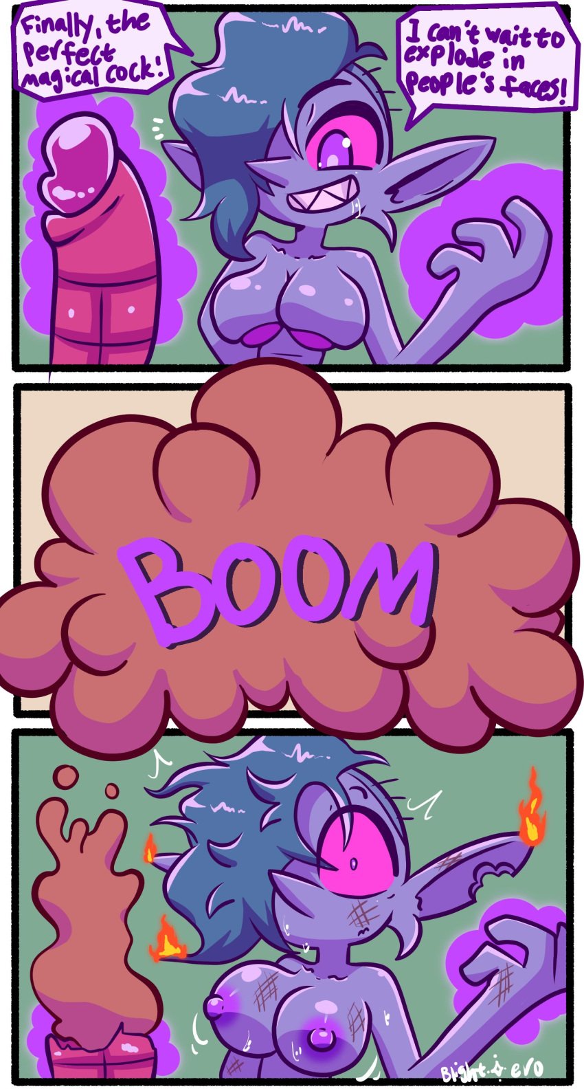 1girls 3_panel_comic 3koma blightstar blowing_up breasts breasts_out burn_marks burned_clothing chipped_ear clothes_removed comic elf_ears experiment explosion failure female female_only fire green_eyes hair_over_one_eye large_breasts losing_clothes mage magic magic_penis magic_user nipples original original_character penis pink_penis pink_sclera pointy_nose purple_eyes purple_nipples purple_skin shaved_side short_hair smile solo suprised tight_clothing toothy_grin