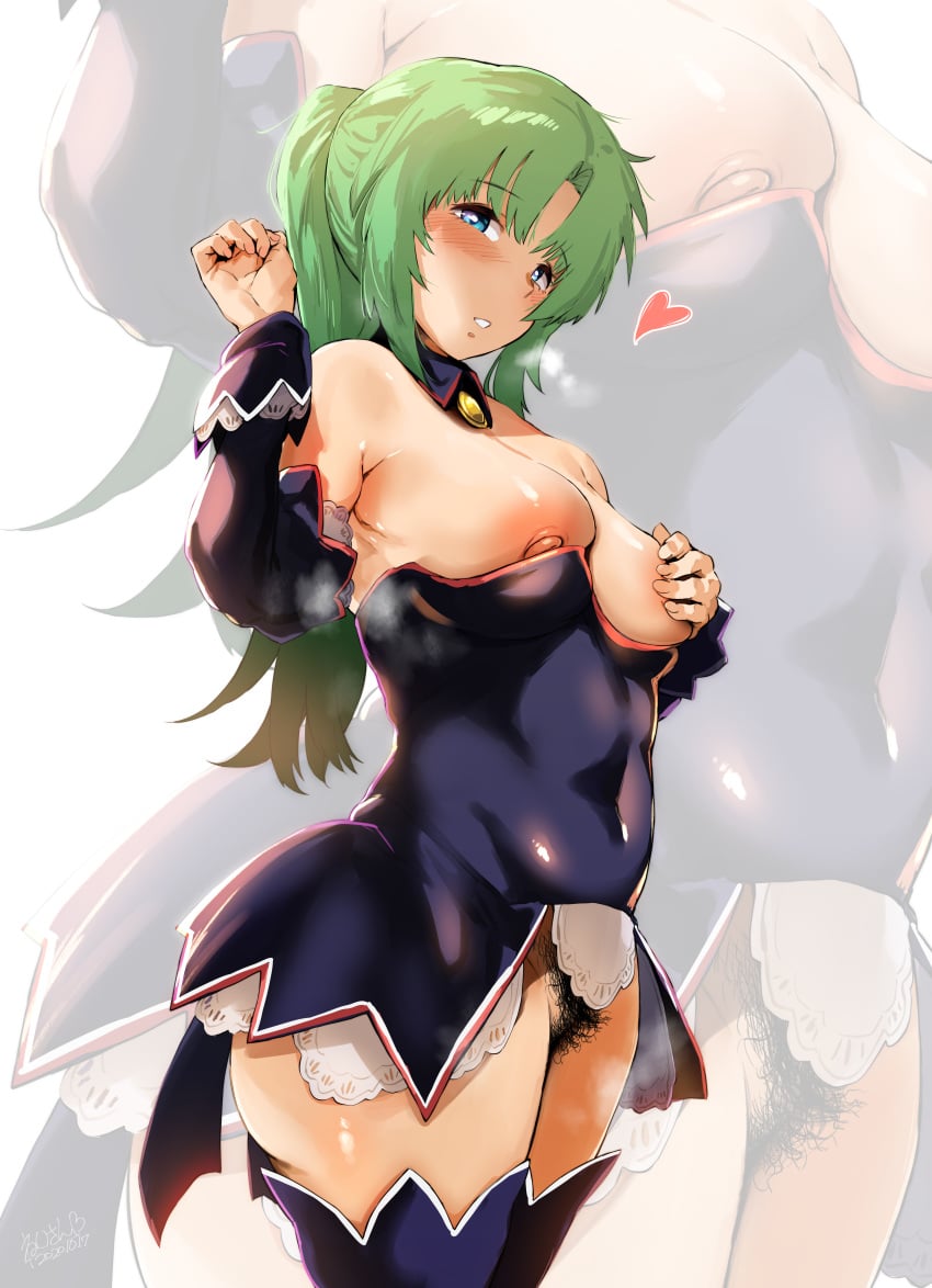 07th_expansion 1girls 2020 absurdres angel_mort_uniform artist_name artist_signature blue_eyes blush breast_hold breasts clothed female female_focus female_only female_pubic_hair green_hair hero_neisan high_resolution highres higurashi_no_naku_koro_ni looking_at_viewer mion_sonozaki nipples no_bra no_panties nopan ponytail pubic_hair pussy signature thighhighs waitress