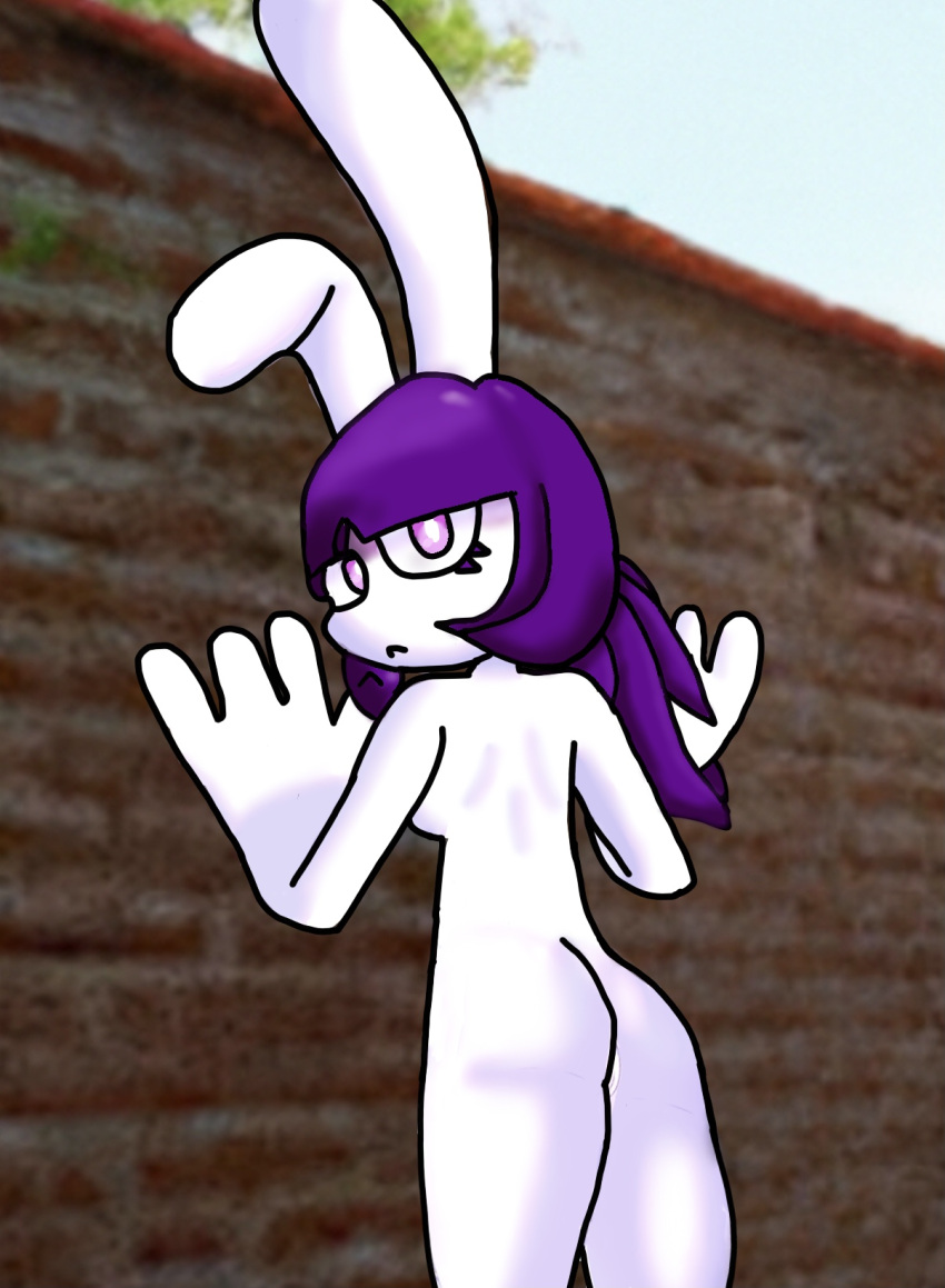 against_wall ass ass_focus ass_to_viewer bunny_ears bunny_girl cute expressionless furry furry_ears furry_female gmodrule34 leaning_against_wall looking_at_viewer mochi purple_eyes purple_hair white_body white_fur