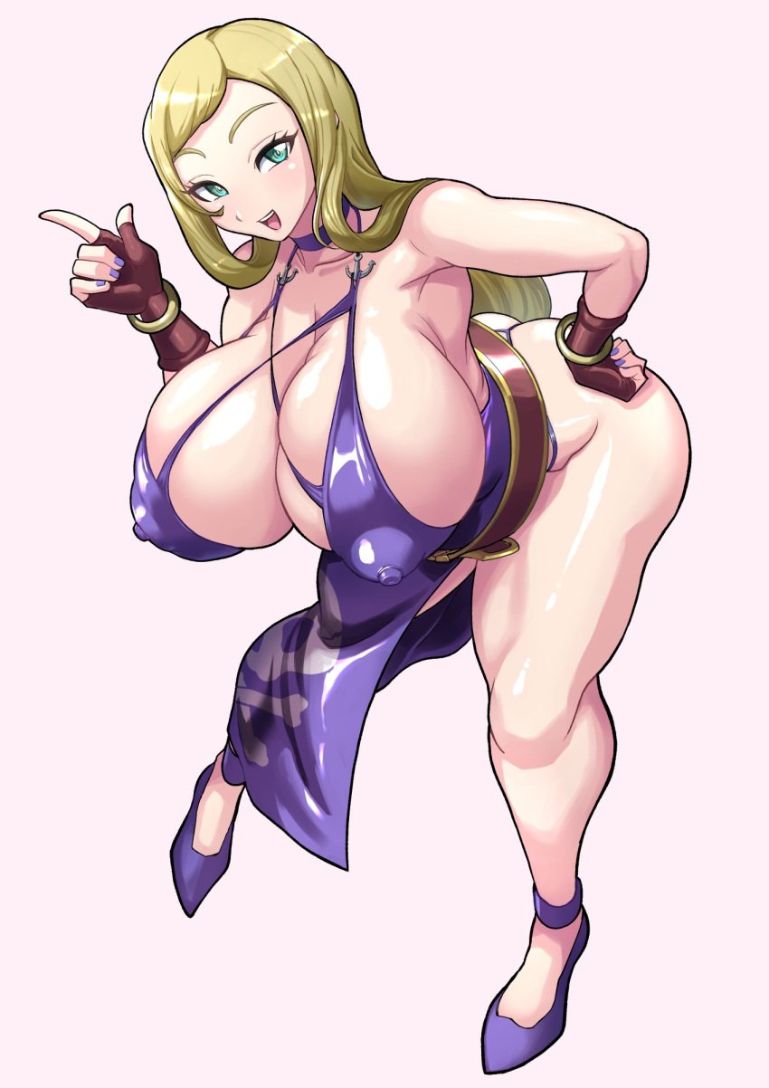 1girls alternate_breast_size belt big_breasts blonde_hair bonne_jenet bracelet breasts busty choker cleavage covered_erect_nipples dress fatal_fury feet female female_only fingerless_gloves flower_tattoo garou:_mark_of_the_wolves gloves green_eyes hand_on_hip hanging_breasts high_heels highres index_finger_raised jewelry jolly_roger king_of_fighters king_of_fighters_xv large_breasts leaning_forward legs long_hair looking_at_viewer loose_belt open_mouth pink_lips pose posing purple_choker purple_dress smile snk solo tattoo teeth thick_thighs thigh_strap thighs thong tongue visible_nipples