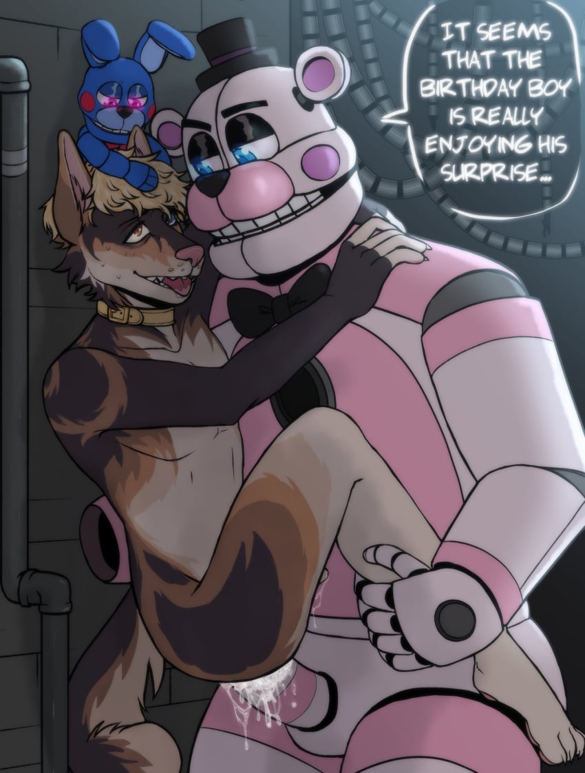 2023 against_wall animatronic animatronics anthro anthro_penetrated bear blonde_hair blue_eyes brown_fur bunny canine collar color colored commission cum cum_drip cum_dripping cum_in_ass cum_inside cumming dialogue dog_collar dog_ears dog_tail domination english_dialogue english_text five_nights_at_freddy&#039;s five_nights_at_freddy&#039;s:_sister_location fnaf funtime_freddy funtime_freddy_(fnafsl) furry gay glowing_eyes heresy heterochromia holding holding_leg holding_up lagomorph leporid looking_at_another looking_pleasured looking_up male male_only naked no_humans oc original_character part_of_a_set pink_body pink_eyes puppet_bonnie_(fnafsl) rabbit robot robot_penis scottgames short_hair size_difference spaceandroids speech_bubble sweat sweating text text_bubble tongue_out white_body