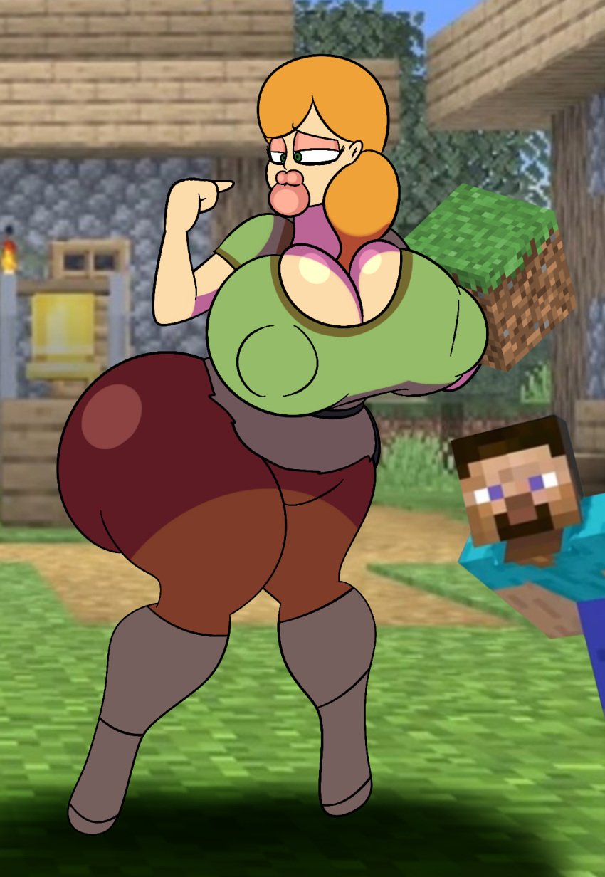 alex_(minecraft) ass big_lips bimbo bimbofication blue_eyes breasts cleavage female_focus green_eyes hips large_ass large_breasts long_hair minecraft mrpr1993 nipple_bulge orange_hair pointing_at_self steve_(minecraft) super_smash_bros. super_smash_bros._ultimate thick_thighs thighs