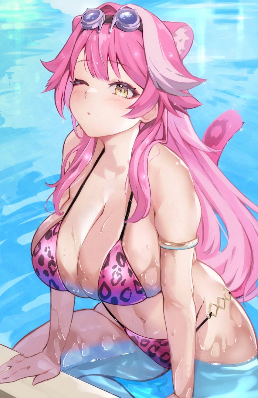 1girls 2024 2d 2d_(artwork) alternate_costume animal_ears animal_tail big_breasts bikini bikini_bottom bikini_top bra female female_focus female_only front_view high_resolution highres hololive hololive_english hololive_english_-justice- hourglass_figure huge_breasts light-skinned_female light_skin long_hair one_eye_closed panther_ears panther_girl panther_tail pink_bikini pink_bikini_bottom pink_bikini_top pink_hair pink_swimsuit pool poolside qiaodao_you raora_panthera revealing_swimsuit solo solo_female solo_focus swimsuit thong thong_bikini two_piece_swimsuit usb213 virtual_youtuber vtuber vtuberfanart water wet wet_body yellow_eyes young young_female young_woman younger_female