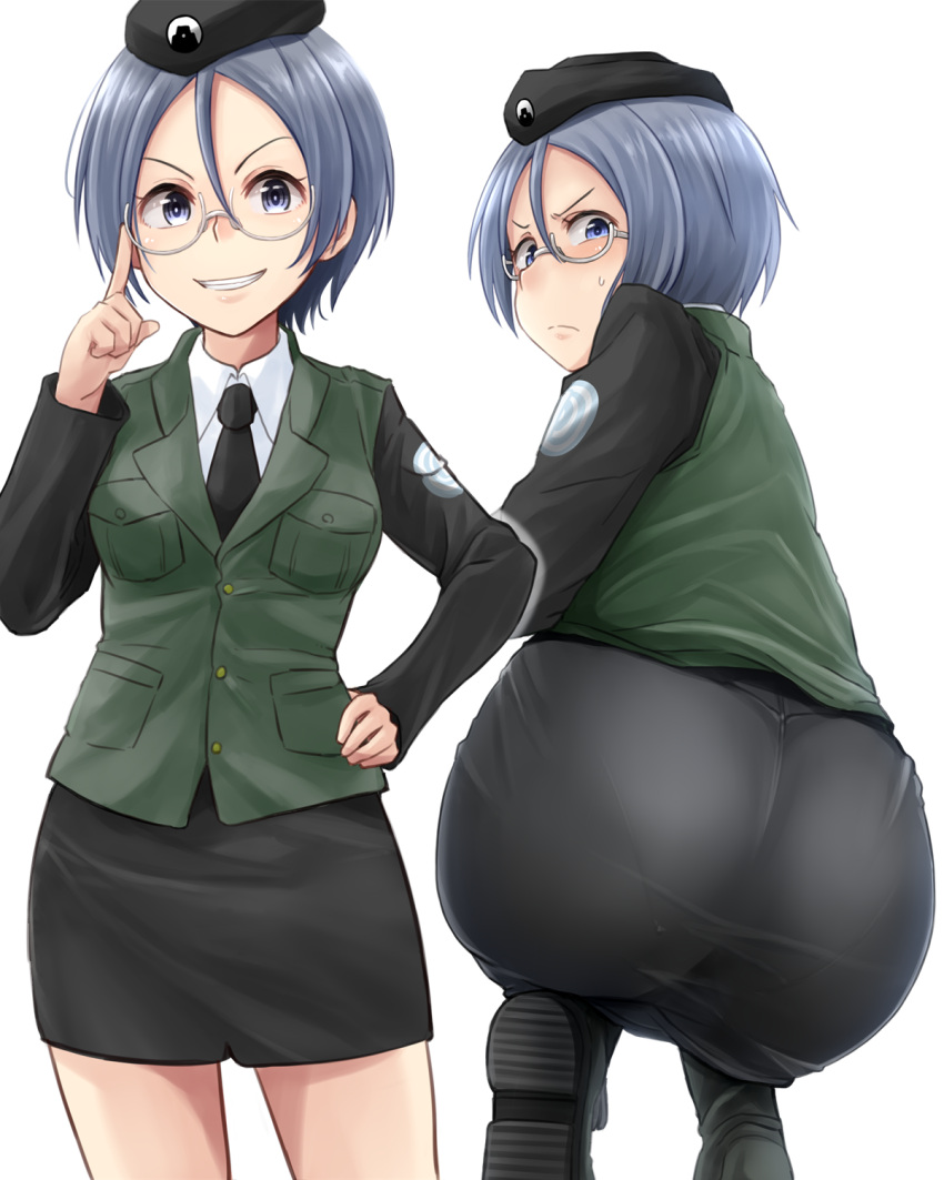 1girls ass beret big_ass big_breasts black_footwear black_headwear black_jacket black_necktie black_skirt boots breasts busty dress_shirt embarrassed fat_ass girls_und_panzer glasses grey_eyes grey_hair hand_on_hip hat highres huge_ass jacket kitayama_miuki large_breasts long_sleeves miniskirt necktie pencil_skirt pose posing rimless_eyewear round_eyewear rumi_(girls_und_panzer) selection_university_military_uniform sensual shirt short_hair skirt smile white_shirt