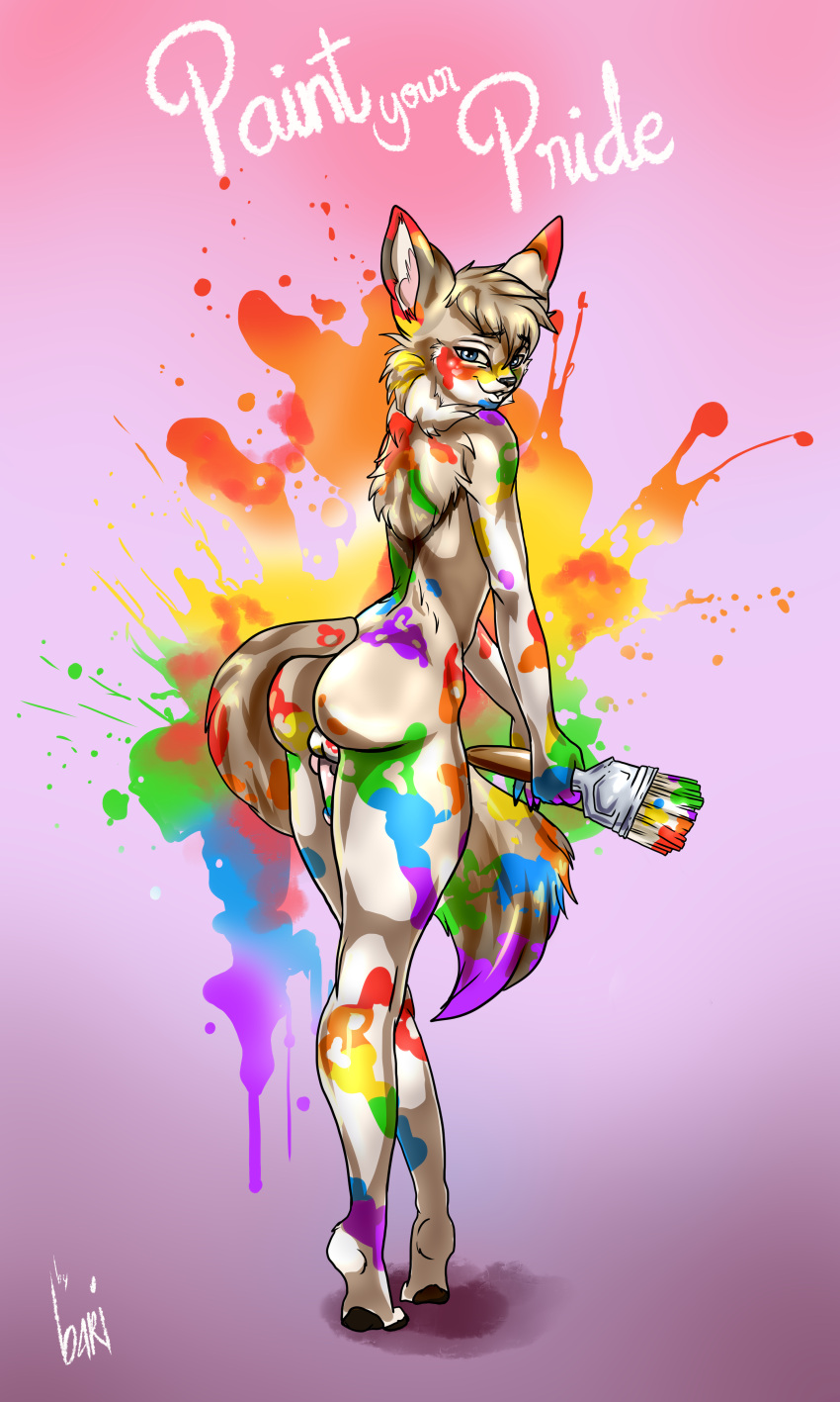 absurd_res anthro ass balls bari_ricardo_artwork brush canid canine digital_media_(artwork) femboy fur genitals hi_res looking_at_viewer male mammal nude paint paintbrush penis simple_background solo tail wolfe_decker