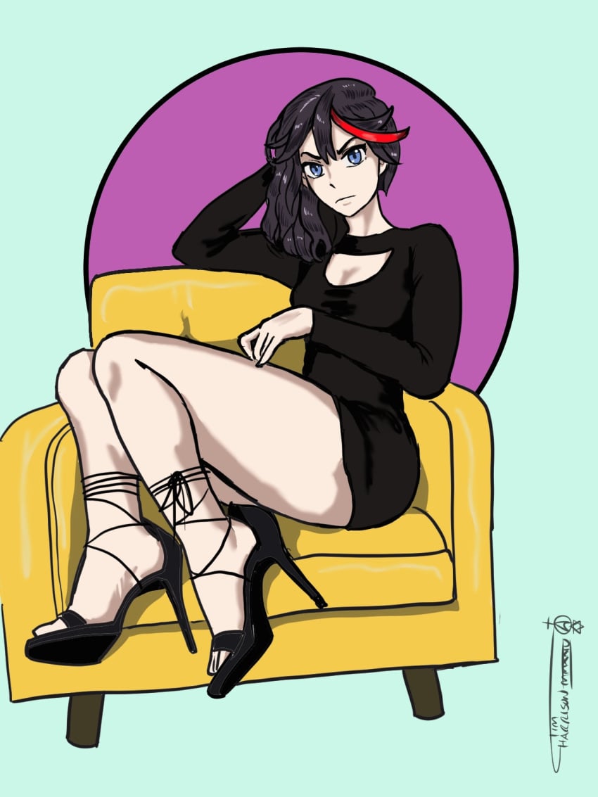 1girls artist_signature black_dress black_hair blue_eyes boob_window cleavage cleavage_cutout female female_only fully_clothed high_heels ironsiderodger kill_la_kill legs light-skinned_female light_skin matoi_ryuuko open_toe_shoes red_strand_of_hair sitting sitting_on_chair solo