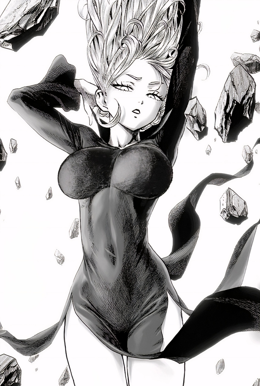 1girls alternate_breast_size big_breasts black_and_white breasts curly_hair cute dress edit eyelashes female female_focus female_only fringe green_eyes green_hair looking_at_viewer monochrome murata_yuusuke naughty_face no_panties one-punch_man pale_skin short_hair skin_tight skinny tatsumaki thighs thin_waist