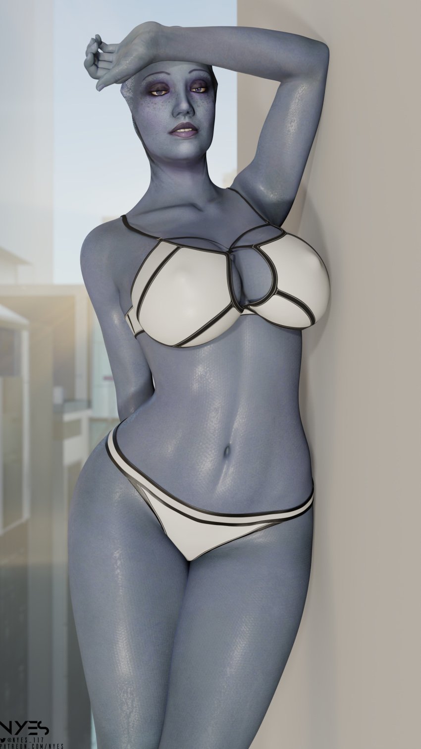 1girls 3d alien asari big_breasts blue_eyes blue_skin female female_only liara_t'soni lingerie mass_effect mass_effect_2 mass_effect_3 nyes117 posing solo standing tagme thick_thighs wet