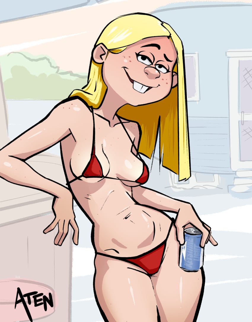 almost_naked aten beer beer_can bikini blonde_hair boobs breasts buckteeth cartoon_network clothing covered_breasts ed_edd_n_eddy female female_focus female_only freckles holding_beer human kanker_sisters long_hair may_kanker mobile_home no_nudity non_nude pale_skin red_bikini smiling_at_viewer swimwear tits trailer_park