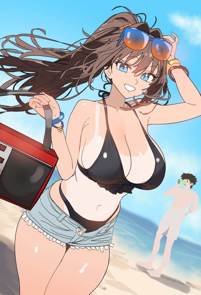 1girls alternate_version_available aozaki_aoko bikini blue_eyes booty_shorts breasts brown_hair cleavage ebora fate/grand_order female jean_shorts large_breasts light-skinned_female light_skin long_hair mahou_tsukai_no_yoru midriff outdoors ponytail short_shorts shorts swimsuit tan tan-skinned_female tanlines tanned_skin type-moon youngmanisdown