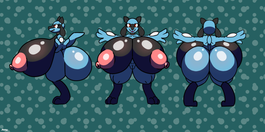 2:1 absurd_res anthro ass big_breasts big_butt blue_body breasts curvy_figure female generation_4_pokemon genitals hi_res huge_breasts huge_butt hyper jiqqy model_sheet nintendo nipples pink_nipples pokemon pokemon_(species) pussy riolu short_stack solo tail thick_thighs voluptuous