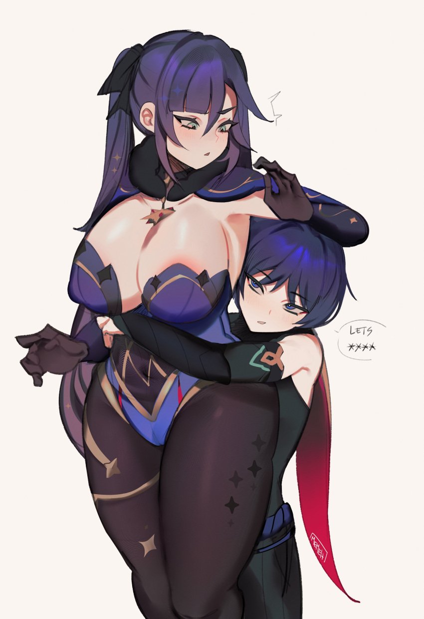 1boy1girl big_breasts bigger_female blue_hair blush cleavage clothed from_behind genshin_impact hugging_from_behind memeh milf mommy mommy_kink mona_(genshin_impact) offering_sex purple_hair pussy_visible_through_clothes scaramouche_(genshin_impact) shorter_male smaller_male taller_girl thick_thighs twintails