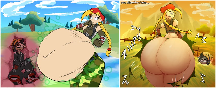 1girls ass ass_expansion ass_growth belly big_ass big_belly blonde_hair cammy_white capcom digestion els3d female female_focus female_pred fortnite huge_ass huge_belly hyper_ass post_vore remi_(fortnite) same_size_vore street_fighter vore