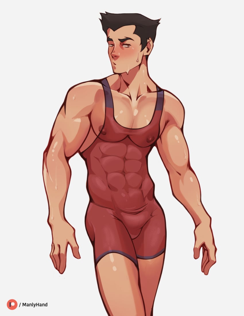 1boy abs abs_visible_through_clothing avatar_legends black_hair blue_mankini blush bulge looking_at_viewer mako male male_only mankini manlyhand muscular muscular_arms nipples nipples_visible_through_clothing pecs red_mankini skin_tight small_bulge solo solo_male standing sweat the_legend_of_korra tight_clothing wrestling wrestling_outfit wrestling_singlet